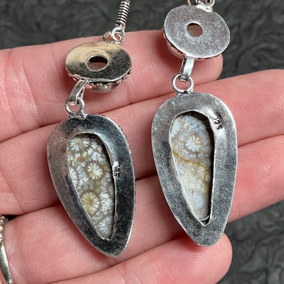 Rose Quartz and Coral Fossil Earrings Stone Crystal Jewelry - Picture 6 of 6